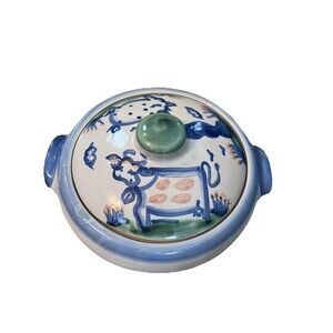 Vintage Folk Art M A Hadley Pottery Deep Serving Bowl W/ Lid-Both Signed 10in